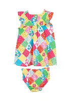 Baby Girls Puff Sleeve Patchwork Dress and Bloomer