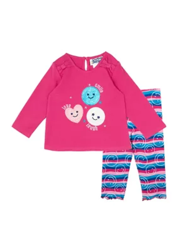 Baby Girls Smiley Face Top and Printed Leggings Set