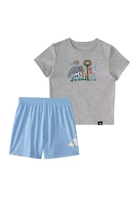 Toddler Boys Two-Piece Short Sleeve Cotton Heather Tee & Elastic Waistband Logo Set