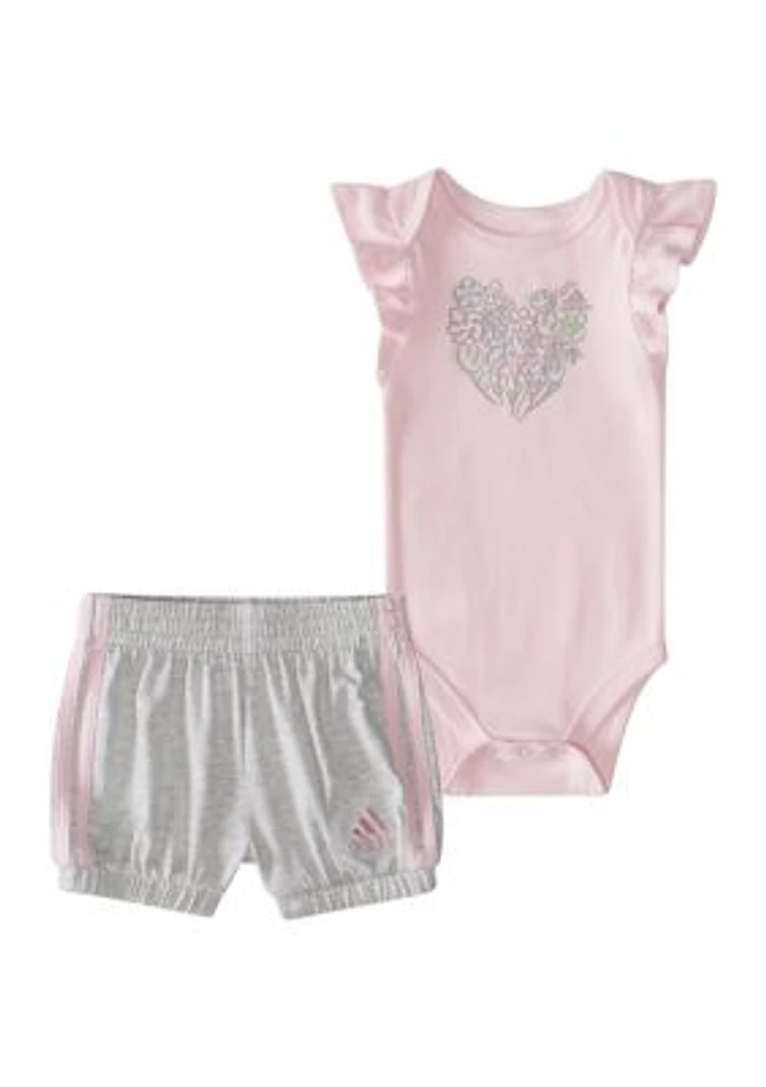 Baby Girls Two Piece Short Sleeve Ruffle Bodysuit and Shorts Set