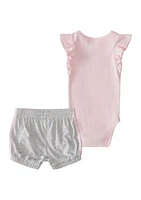 Baby Girls Two Piece Short Sleeve Ruffle Bodysuit and Shorts Set