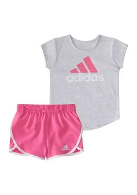 Baby Girls Two Piece Essential Heather Graphic T-Shirt and Woven Shorts Set