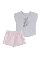 Baby Girls Two Piece Graphic Heather T-Shirt and Mesh Shorts Set