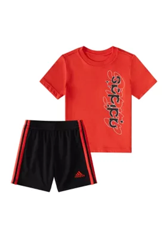 Baby Boys Two Piece Graphic Cotton T-Shirt & 3 Stripe Shorts Set