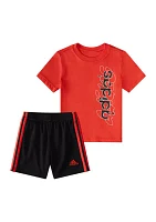 Baby Boys Two Piece Graphic Cotton T-Shirt & 3 Stripe Shorts Set