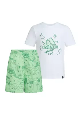 Toddler Boys Two Piece Short Sleeve Graphic T-Shirt and Printed Woven Shorts Set