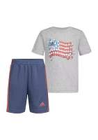 Toddler Boys Two Piece Graphic Cotton Heather T-Shirt and Three Stripes Short Set