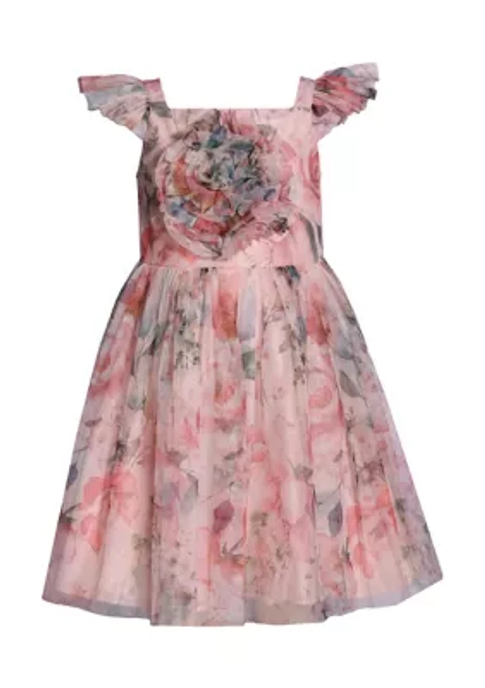 Girls 4-6x Ruched Self Flower Printed Mesh Dress