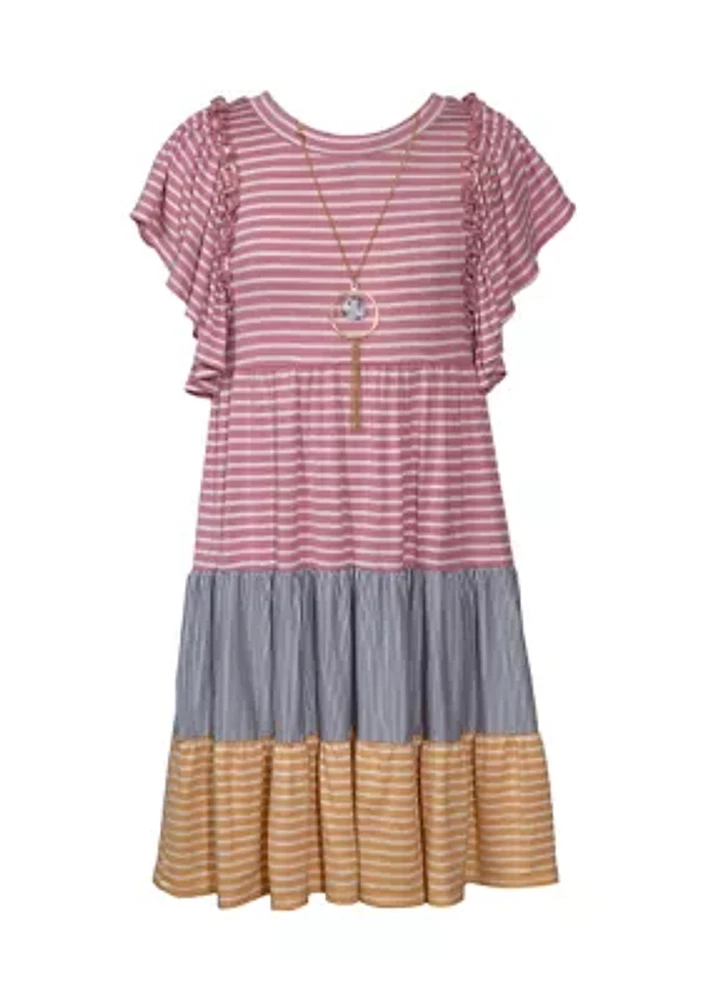 Girls 4-6x Multi Stripe Knit Dress with Necklace