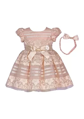 Girls 4-6x Lace Stripe Party Dress with Headband