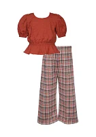 Girls 4-6x Puff Sleeve Top and Plaid Printed Pants Set