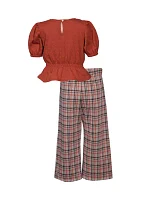 Girls 4-6x Puff Sleeve Top and Plaid Printed Pants Set