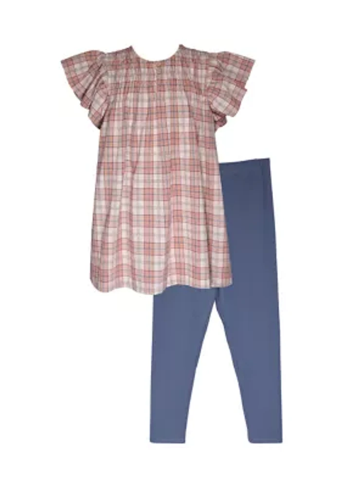 Girls 7-16 Textured Plaid Gauze Top and Knit Denim Leggings