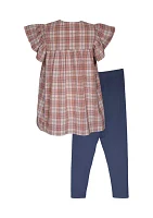 Girls 7-16 Textured Plaid Gauze Top and Knit Denim Leggings