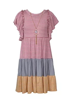 Girls 7-16 Multi Stripe Knit Dress with Necklace