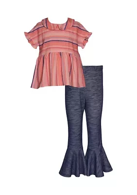 Girls 4-6x Stripe Linen Top and Ruffle Flare Leggings