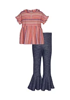 Girls 4-6x Stripe Linen Top and Ruffle Flare Leggings