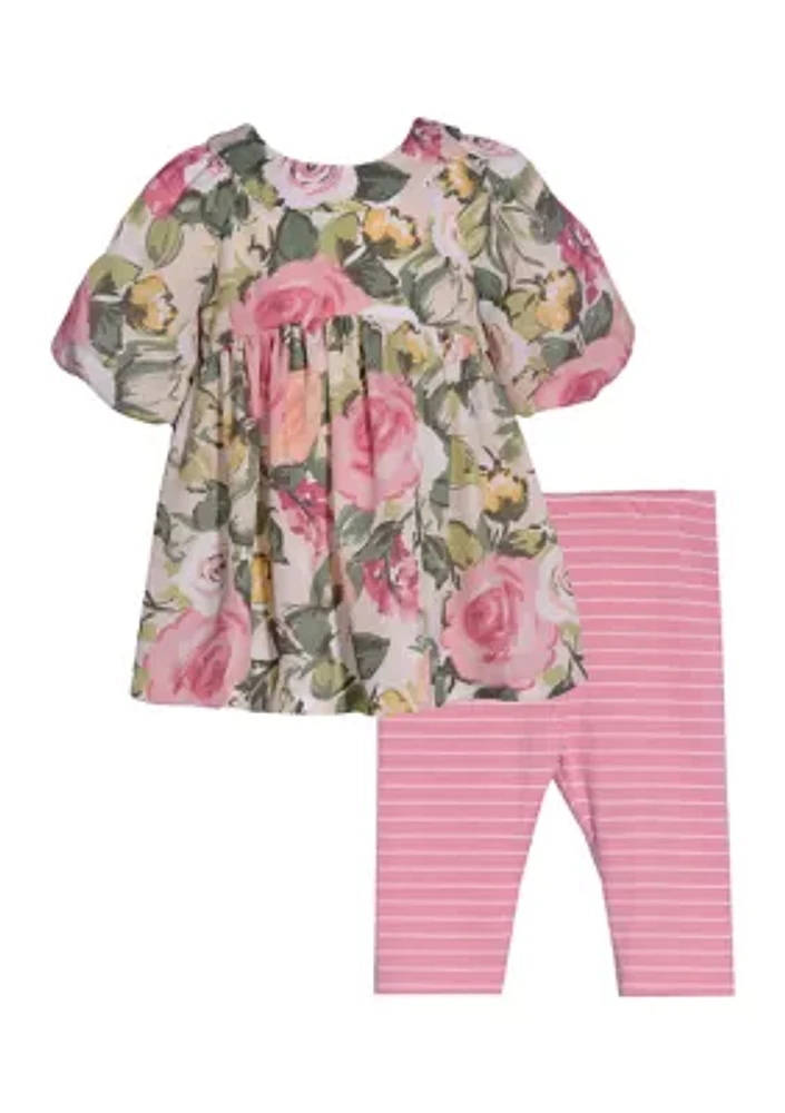 Girls 7-16 Floral Printed Top and Striped Leggings Set