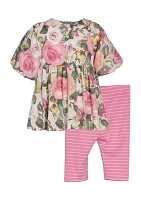 Girls 7-16 Floral Printed Top and Striped Leggings Set