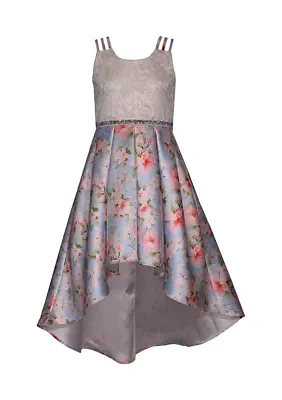 Girls 4-6x Triple Strap High Low Printed Mikado Dress