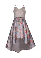 Girls 4-6x Triple Strap High Low Printed Mikado Dress