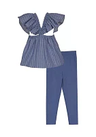 Girls 7-16 Chambray Flutter Sleeve Top and Leggings Set