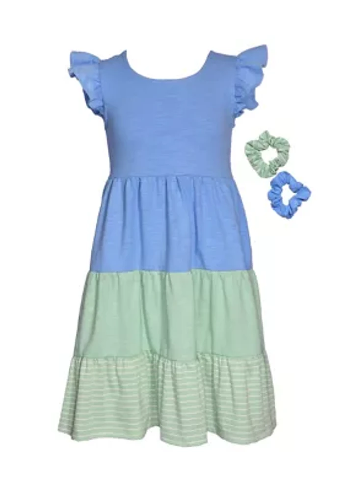 Girls 4-6x Color Blocked Knit Dress with Scrunchies