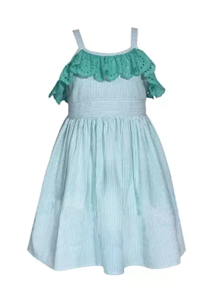 Girls 4-6x Seersucker Dress with Eyelet Ruffle Trim