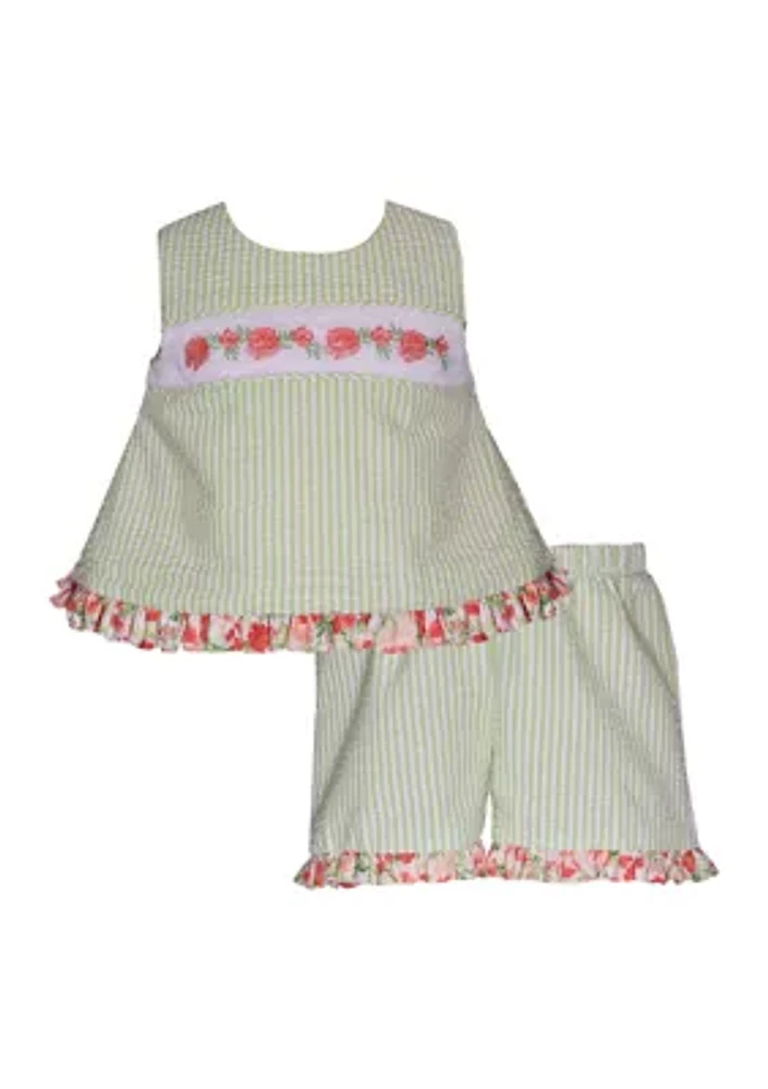 Girls 4-6x Seersucker Check Shorts Set with Floral Smocking and Trim