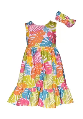 Girls 4-6x Sleeveless Palm Print Knit Dress with Headband