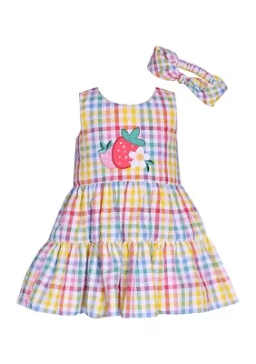 Girls 4-6x Seersucker with Strawberry Appliqué Dress and Headband