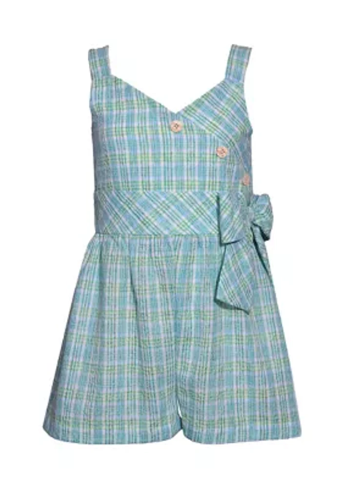 Girls 7-16 Plaid Printed Romper with Wooden Buttons