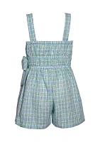 Girls 7-16 Plaid Printed Romper with Wooden Buttons