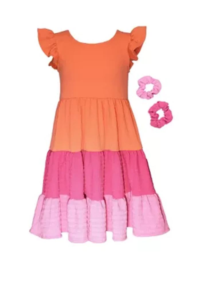 Girls 7-16 Color Blocked Tiered Dress with Scrunchies