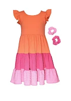 Girls 7-16 Color Blocked Tiered Dress with Scrunchies