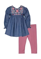 Girls 4-6x Embroidered Denim Top and Leggings Set