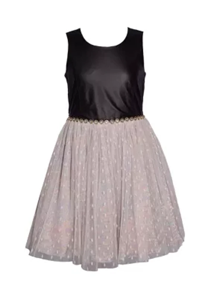 Girls 7-16 Faux Leather Dress with Sparkle Skirt