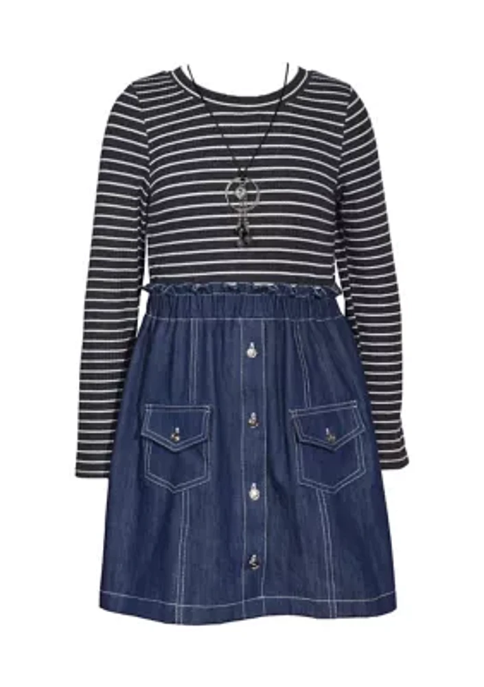 Girls 7-16 Striped Bodice to Denim Skirt Dress