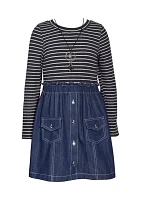 Girls 7-16 Striped Bodice to Denim Skirt Dress