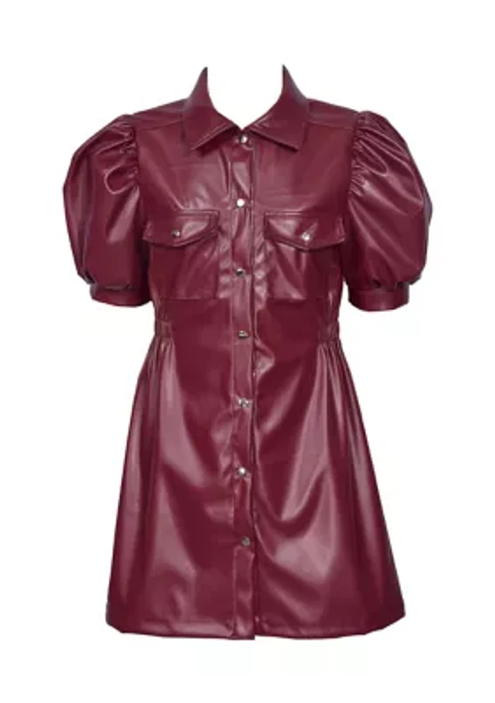 Girls 7-16 Puff Sleeve Leather Shirtdress