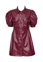 Girls 7-16 Puff Sleeve Leather Shirtdress