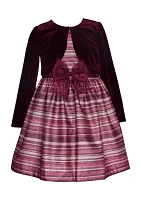 Girls 4-6 Velvet Cardigan and Stripe Dress with Bow