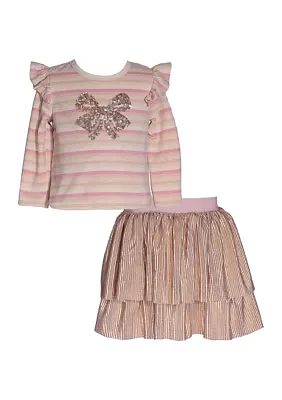 Girls 4-6x Top with Sequin Bow Appliqué and Tiered Skirt