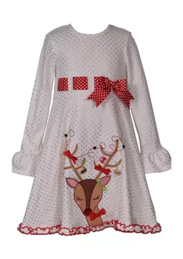 Girls 4-6x Long Sleeve Reindeer Pull Through Ribbon Dress