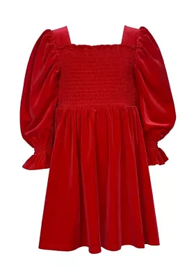 Girls 7-16 Long Sleeve Smocked Velvet Dress