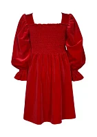 Girls 7-16 Long Sleeve Smocked Velvet Dress