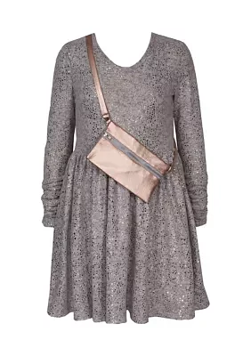 Girls 7-16 Long Sleeve Foiled Hacci Dress with Bag