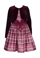 Girls 7-16 Velvet Cardigan over Striped Dress