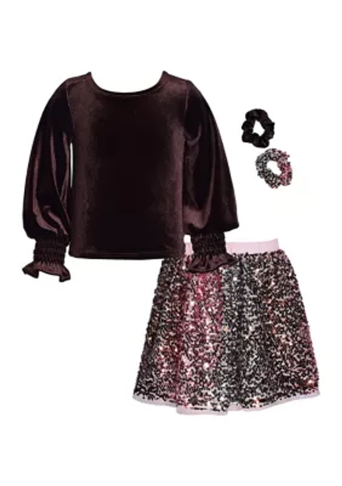 Girls 7-16 Velvet Top and Sequin Skirt with Scunchies