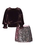 Girls 7-16 Velvet Top and Sequin Skirt with Scunchies